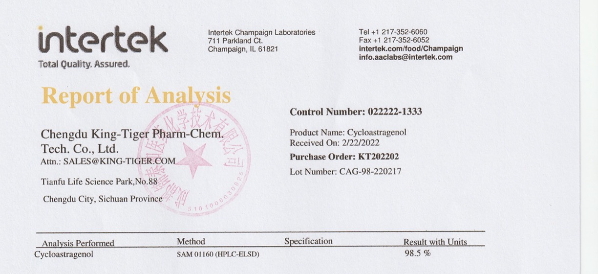 Third-party Intertek test report for Cycloastragenol 98%