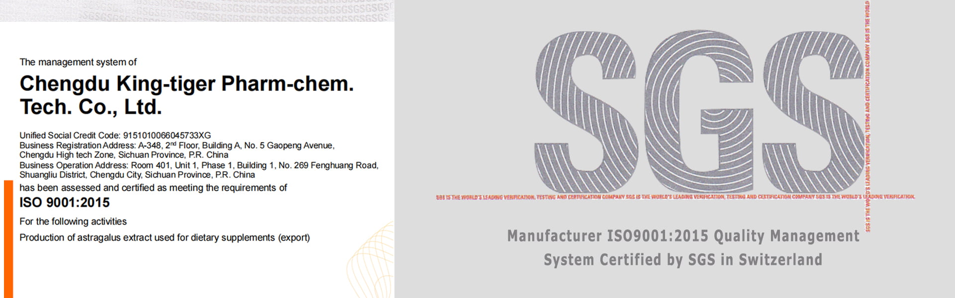 ISO quality certificate of King-tiger manufacturing factory for astragaloside IV ingredients