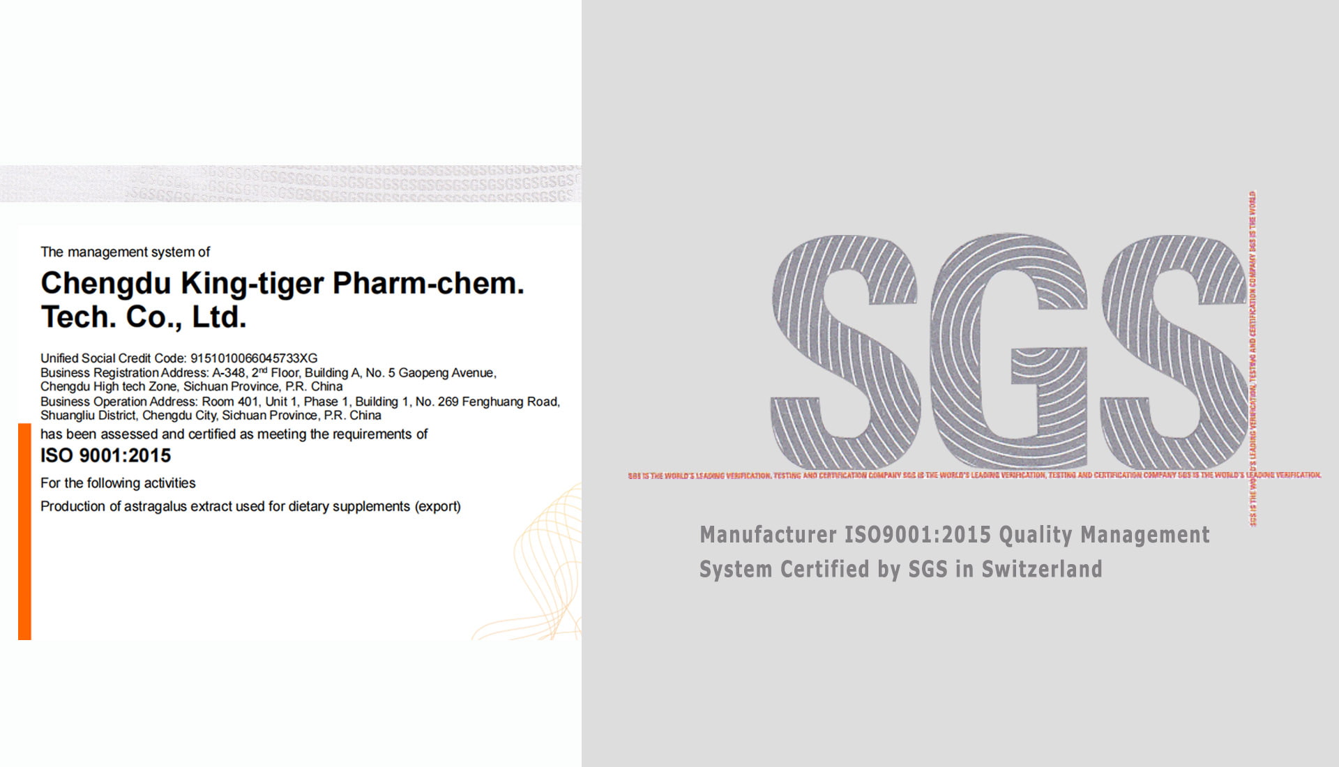 ISO quality certificate of King-tiger manufacturing factory for astragaloside IV ingredients