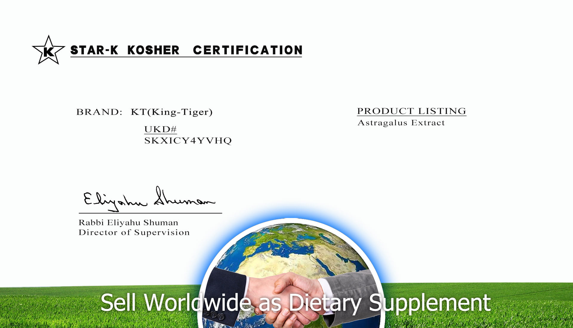 Kosher compliance certificate of King-tiger cycloastragenol manufacturing factory
